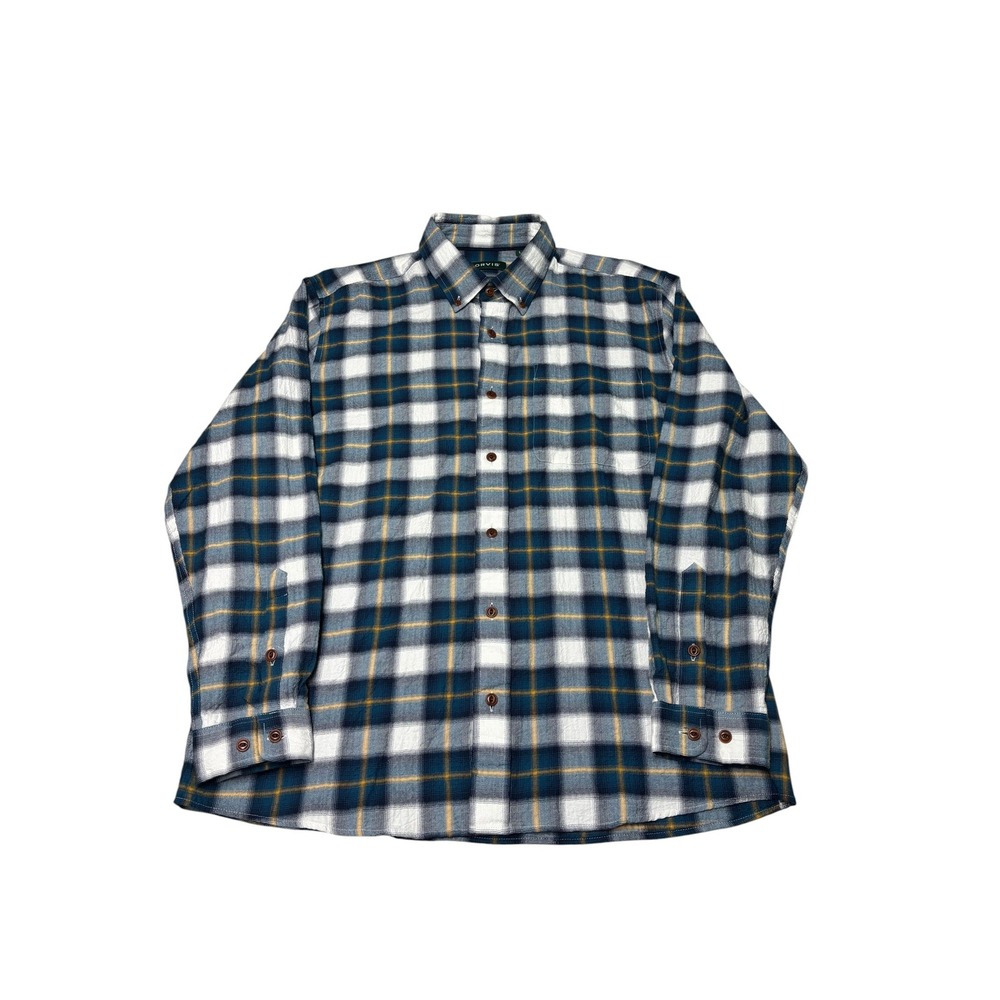 Orvis Mens Large Active Fit Flannel Shirt Navy Blue Gold Plaid Button Down L‎